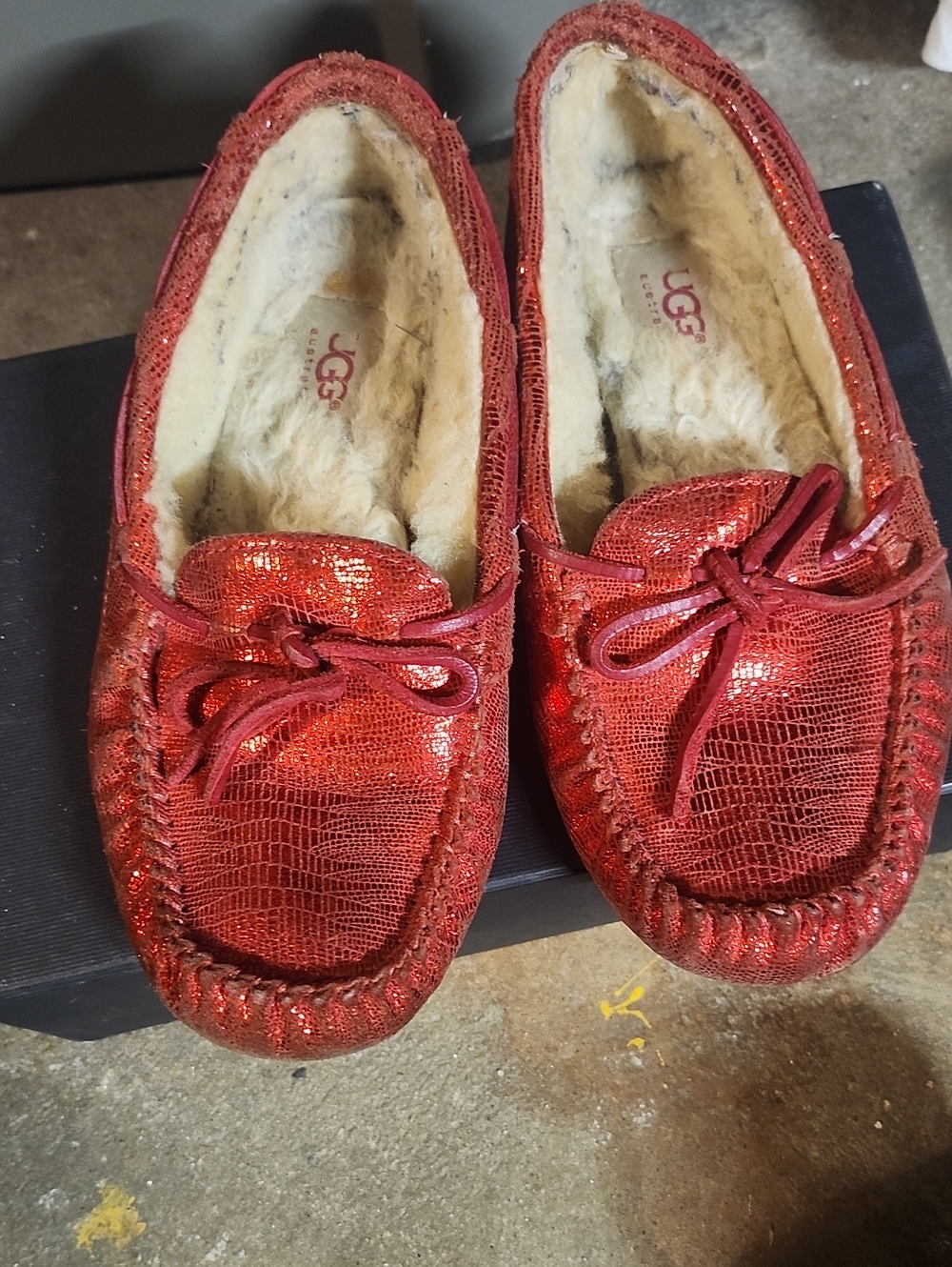 UGG Women’s Red Sequin Moccasin Slippers with Bow